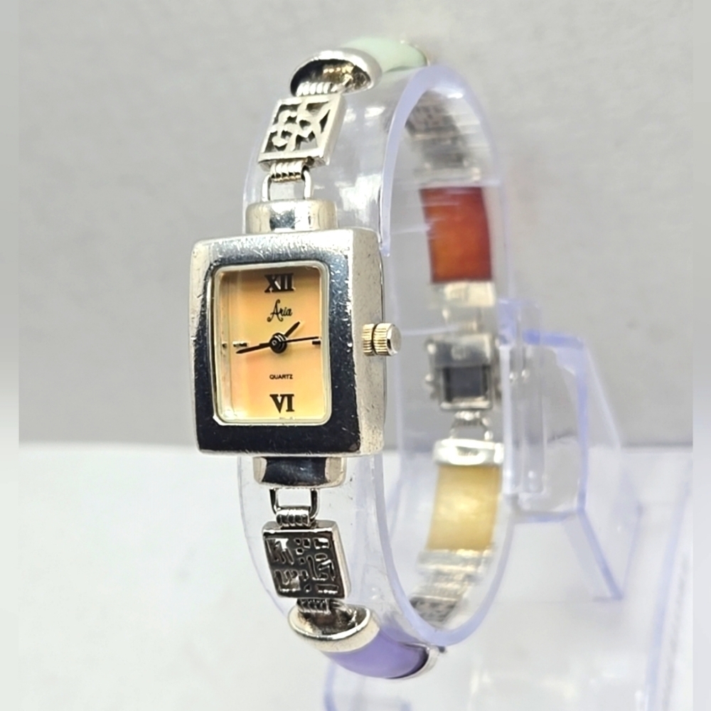 Womens Vintage Aria 925 Sterling Silver Multicolor Gemstone Watch New Battery